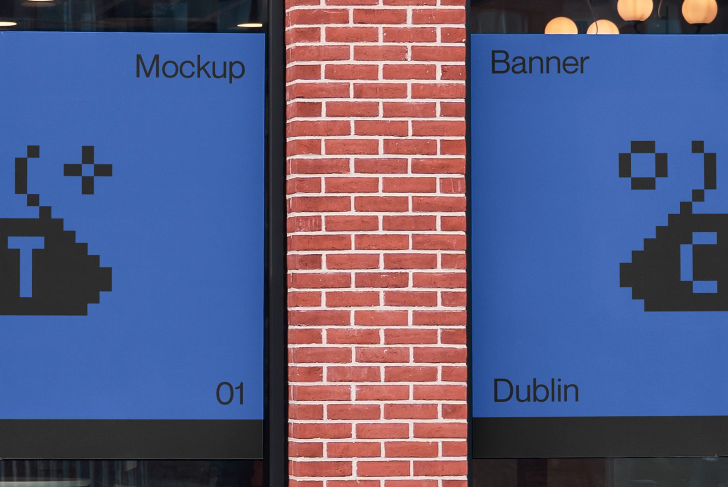 Urban street banners mockup with pixelated cursor design against brick wall, ideal for display and advertising design presentations.